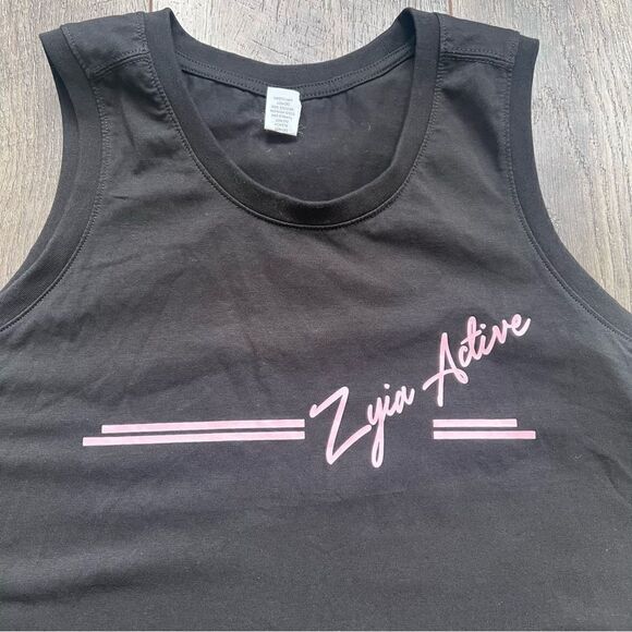 Zyia Active Tank Top Black Sleeveless Muscle Tee Size Medium Pink Logo - Picture 9 of 10